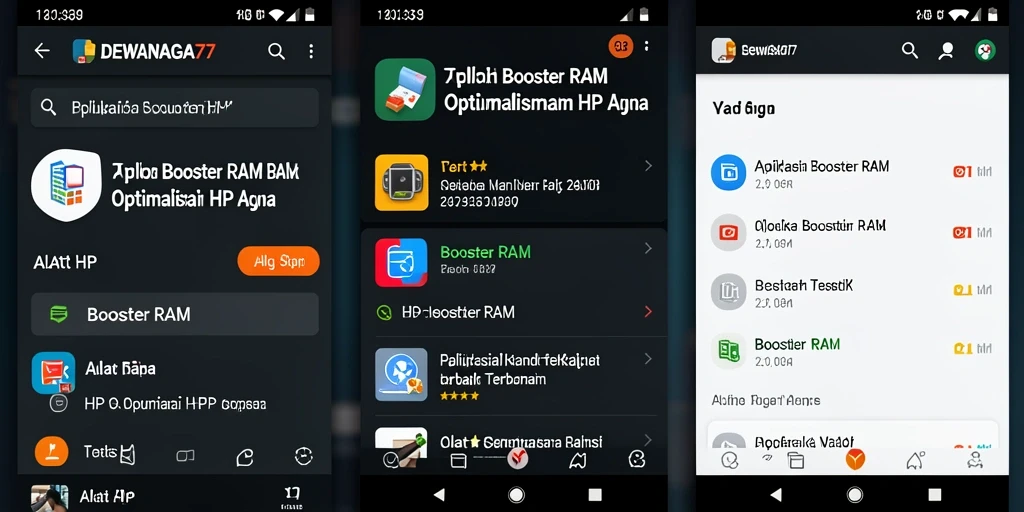 Screenshot antarmuka aplikasi DEWANAGA77 sebagai Booster RAM.