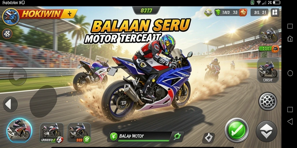 Antarmuka HOKIWIN menampilkan motor balap yang cepat dan menantang lintasan.