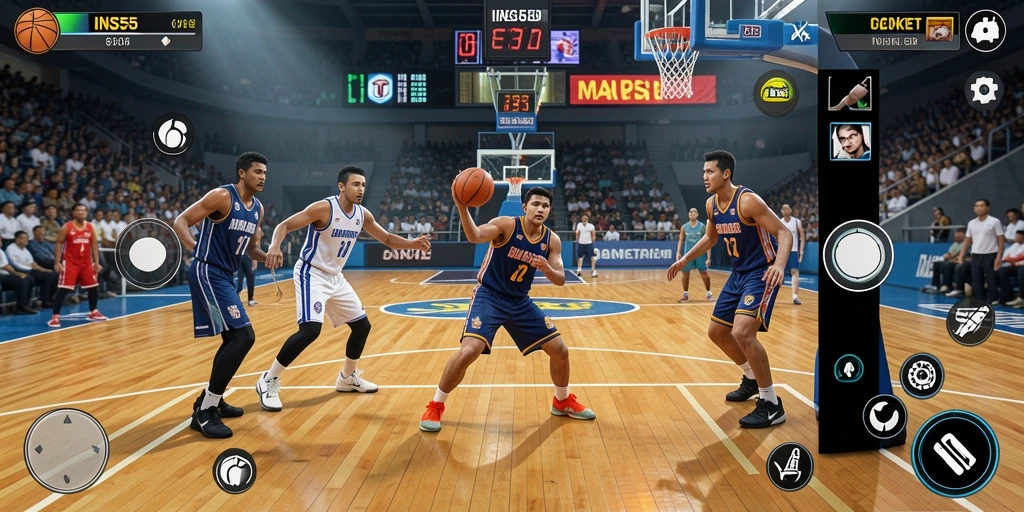 Screenshot antarmuka utama INS55 dengan tampilan lapangan basket yang menarik.